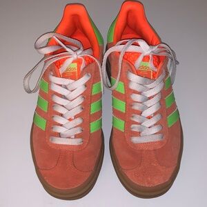 adidas Orange Suede Athletic Sneakers with Neon Green Stripes